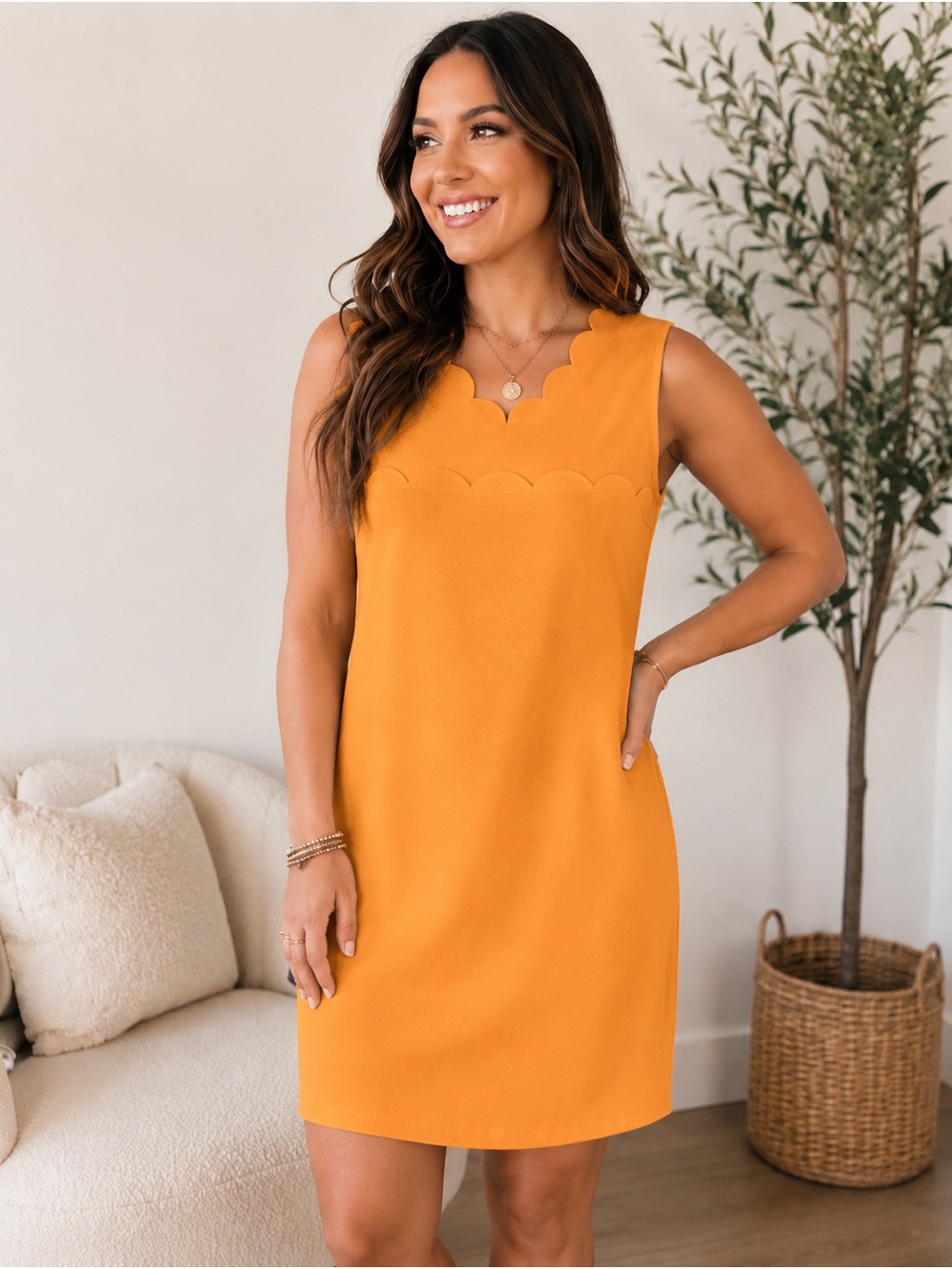 Vintage Escada Bright Orange Sleeveless Scallop-Trim Midi Dress
